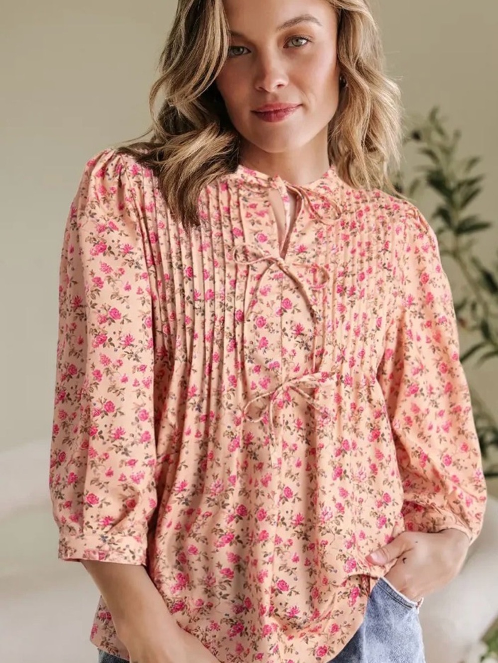 Pink Floral Pintuck Tie-Front Blouse